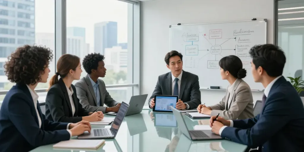 PedroVazPaulo Executive Coaching team collaborating in a modern office, showcasing leadership strategies and innovative ideas.