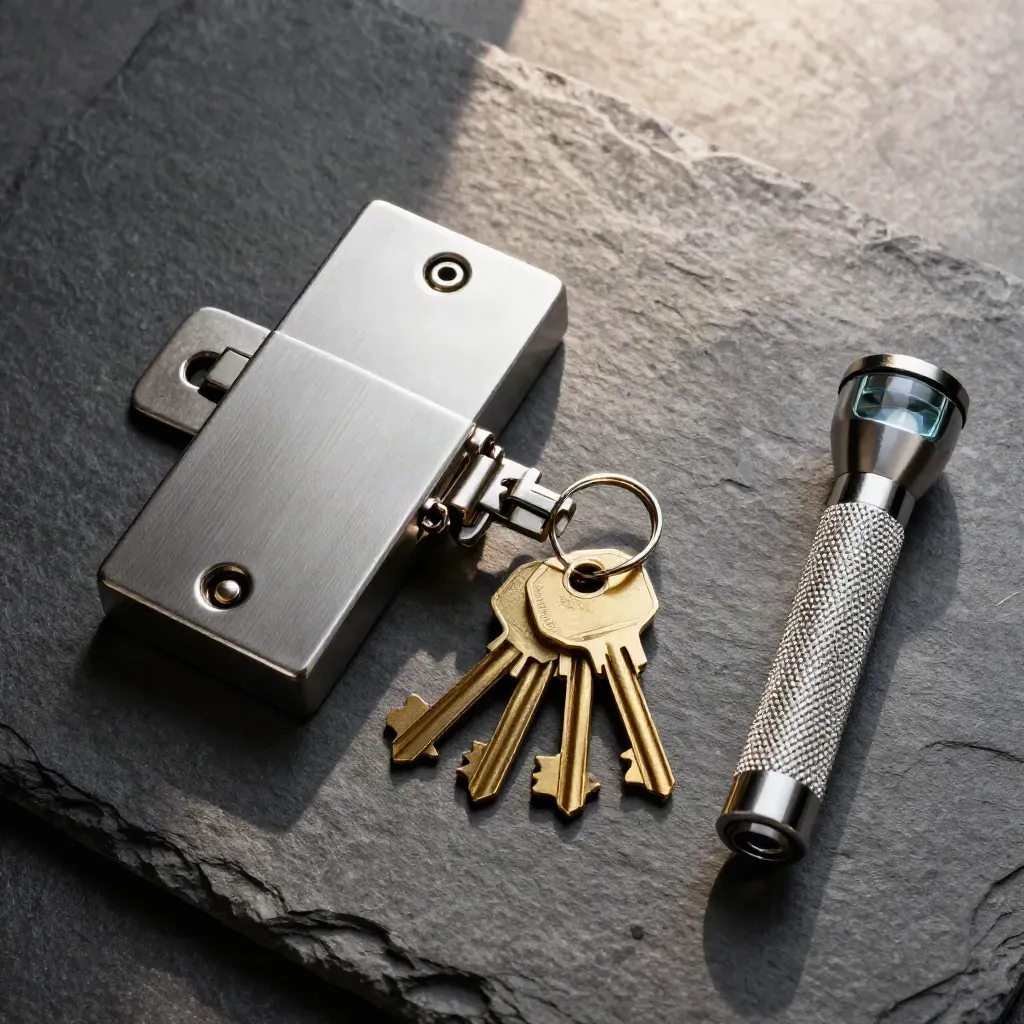 Mortice lockset, brass keys, hinge plate, and inspection torch on dark stone.