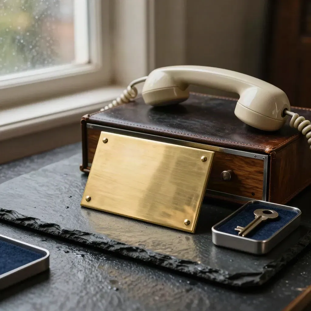 Brass plaque, ledger, index drawer, handset and key tray on wet slate in soft rain light.