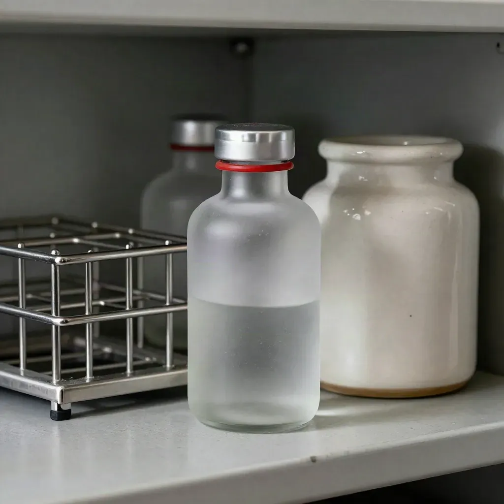 Frosted lab bottle, sample rack and ceramic jar on a stone shelf