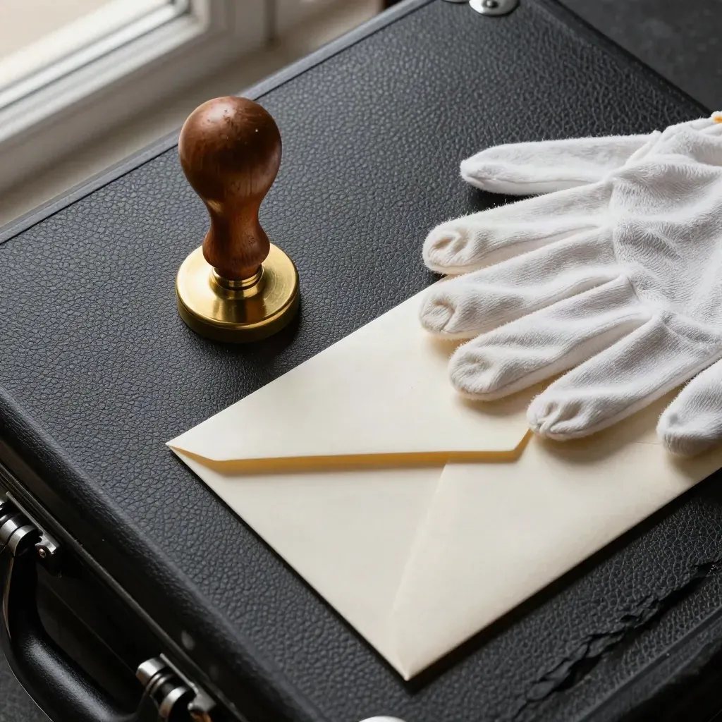 Top-down still life of an archive case, brass seal press, gloves, and a sealed envelope.