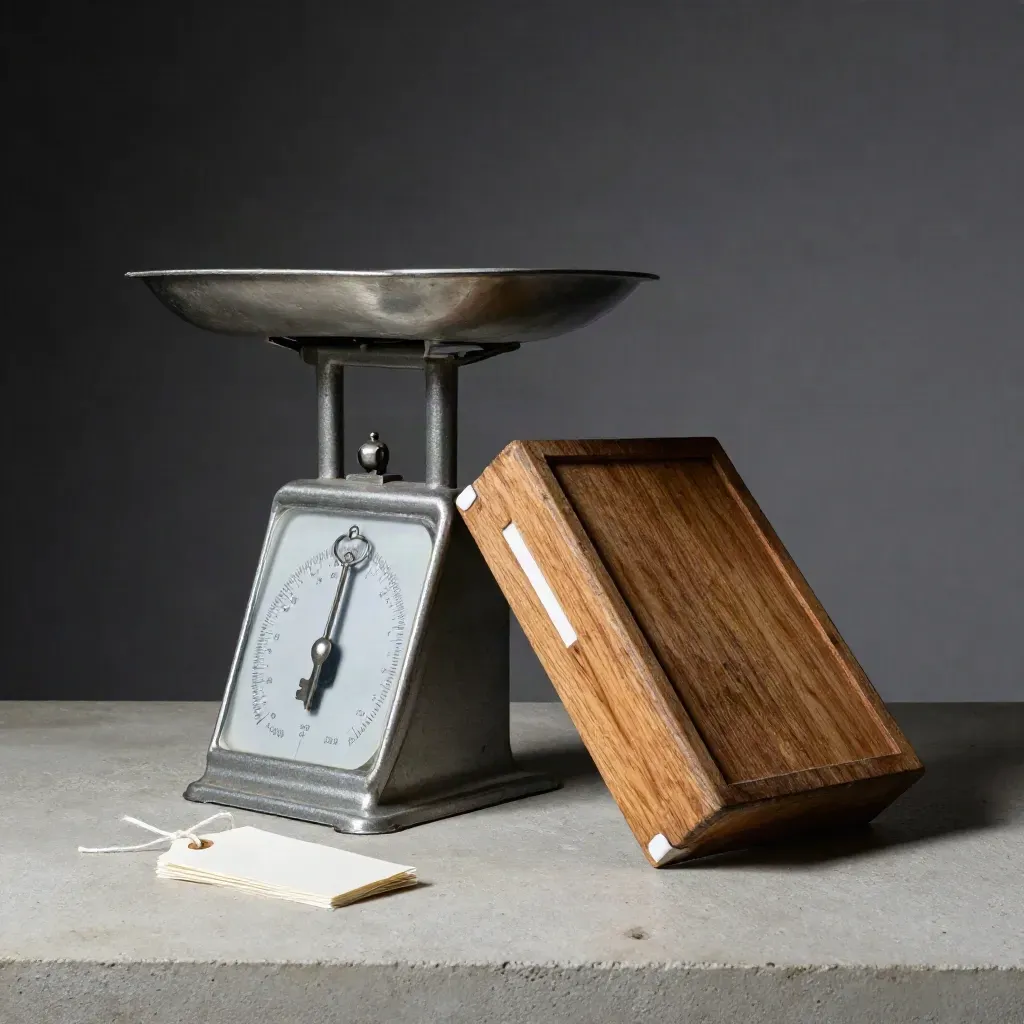Galvanised parcel scale and wooden sorter with blank dispatch tags on a concrete bench.