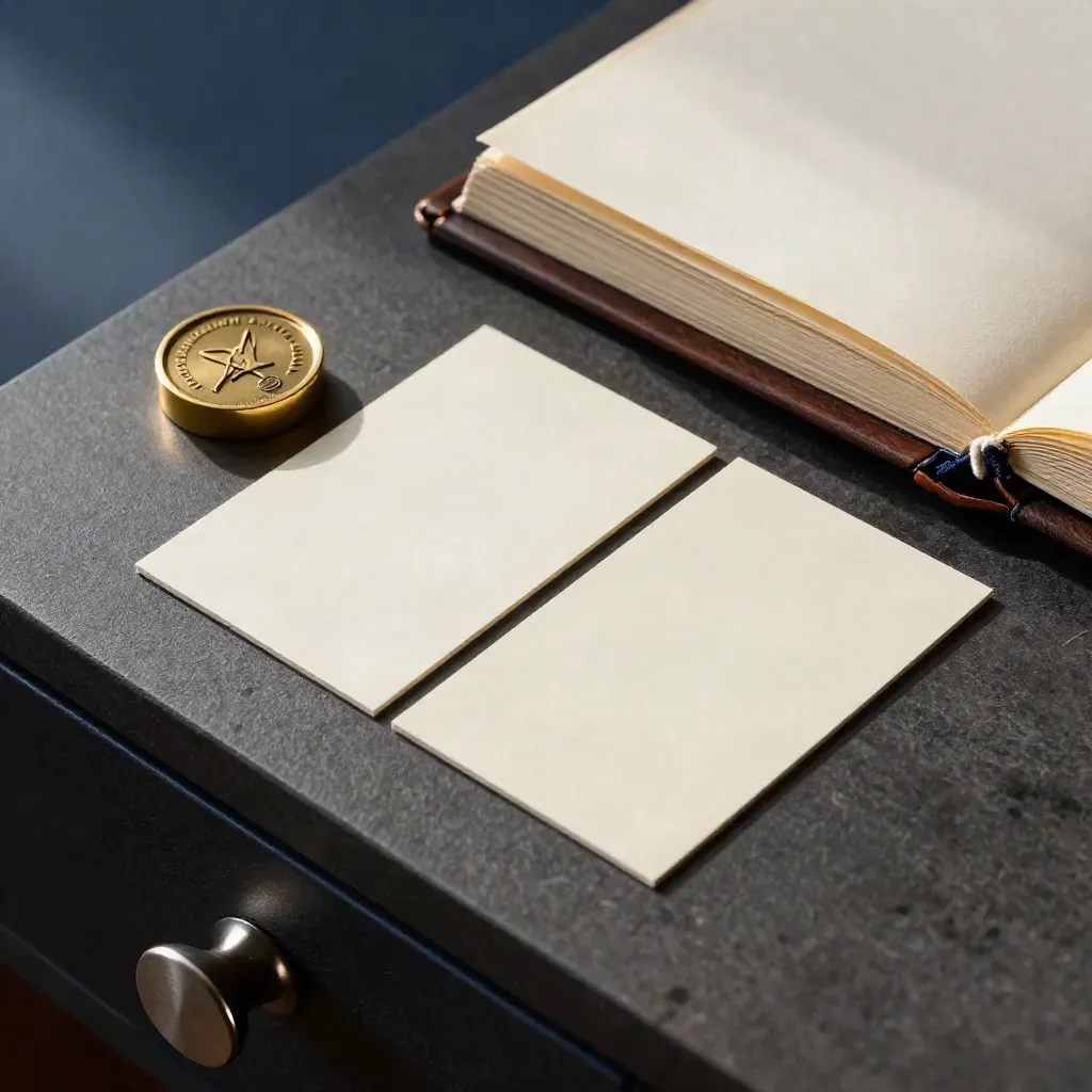 Brass company seal beside a register drawer and blank cards on a dark stone surface.
