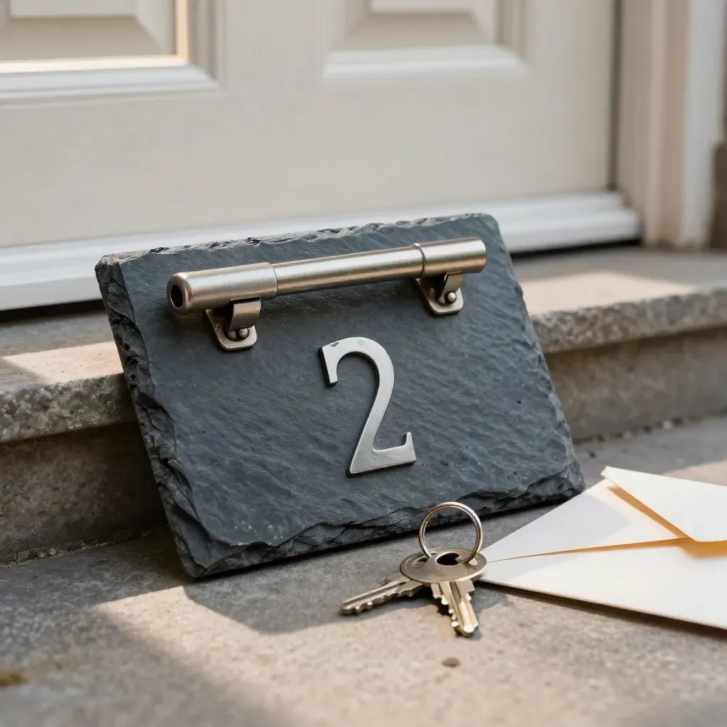 Slate plaque, aligned door latch, key tag and clip on a stone doorstep in soft morning light.