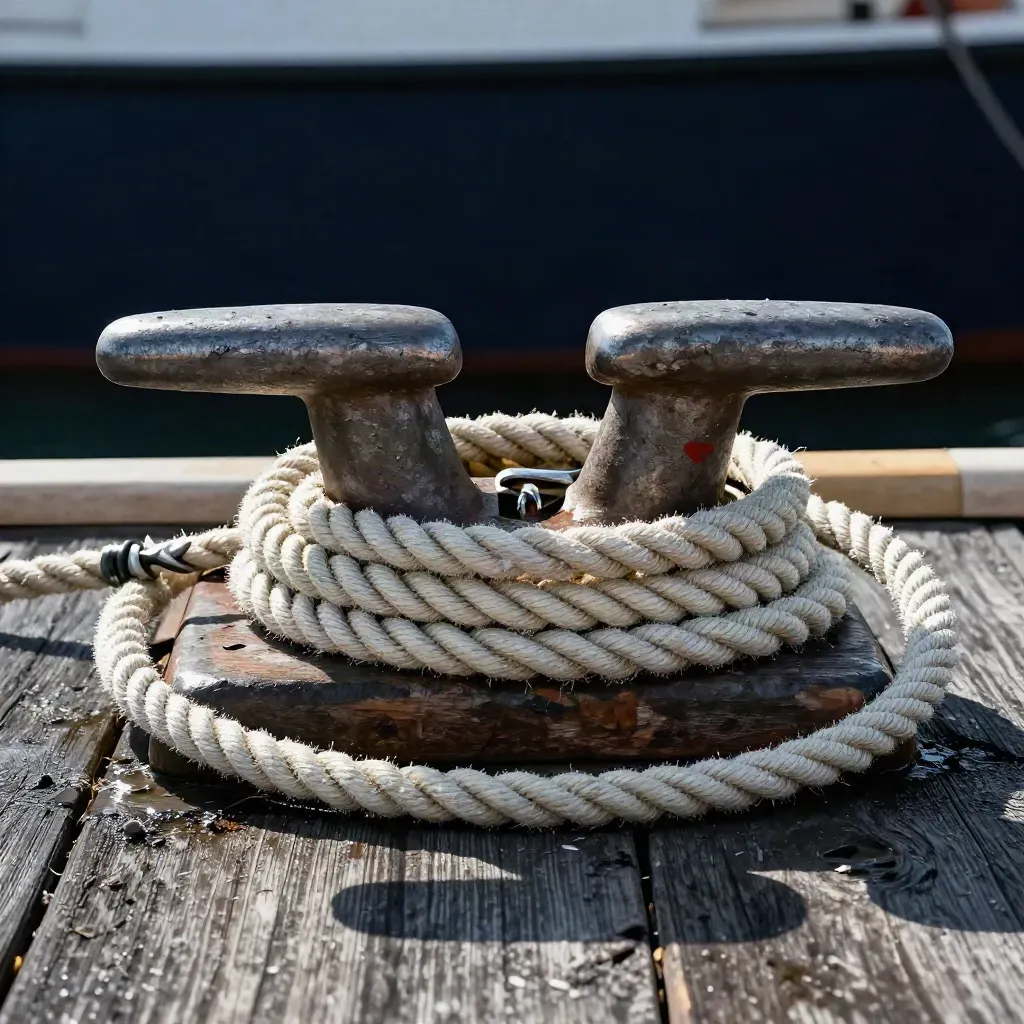 Dock cleat with coiled rope and metal clip on weathered timber, lit in dark maritime haze.