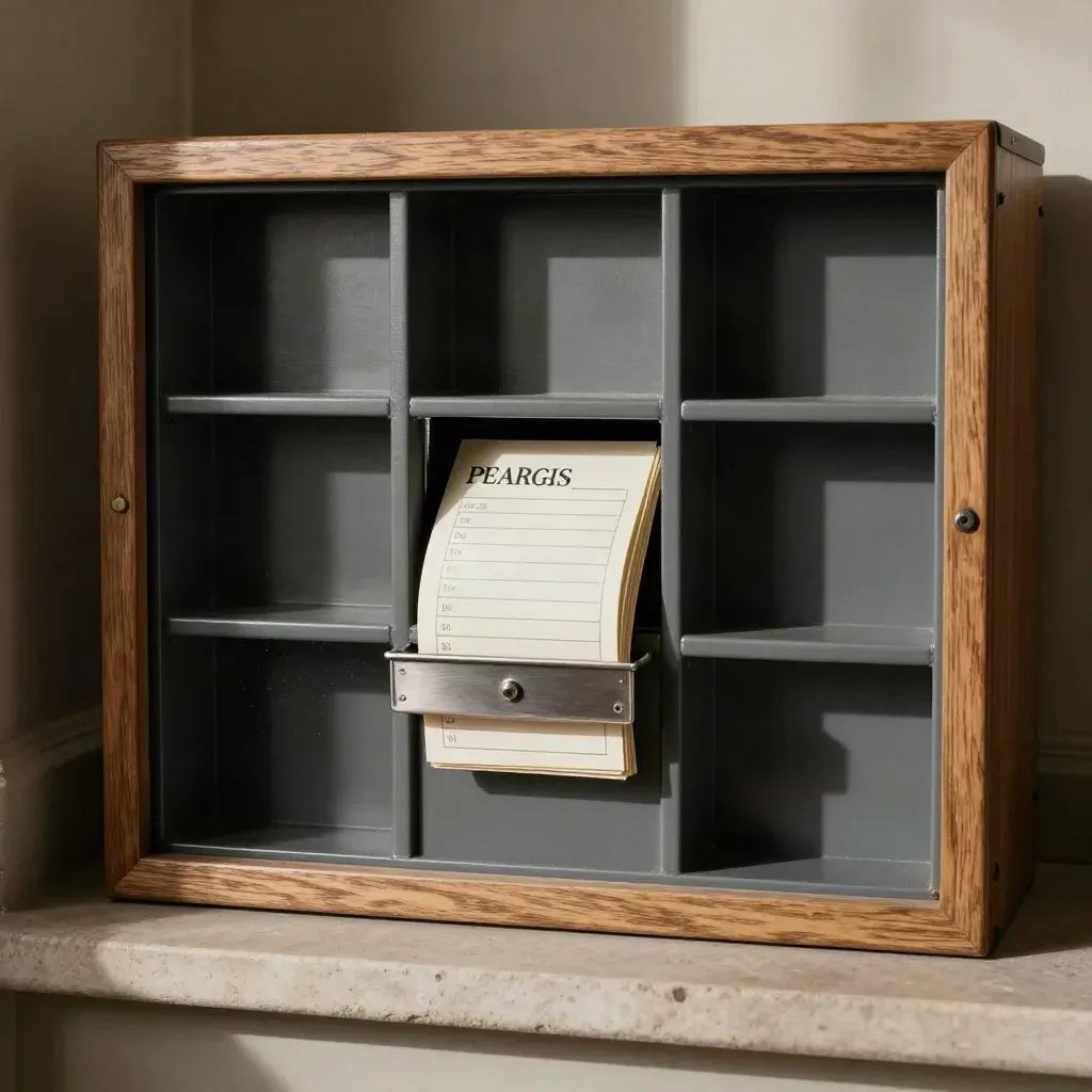 Postal sorting pigeonhole with route cards and mail tray in dramatic studio light.