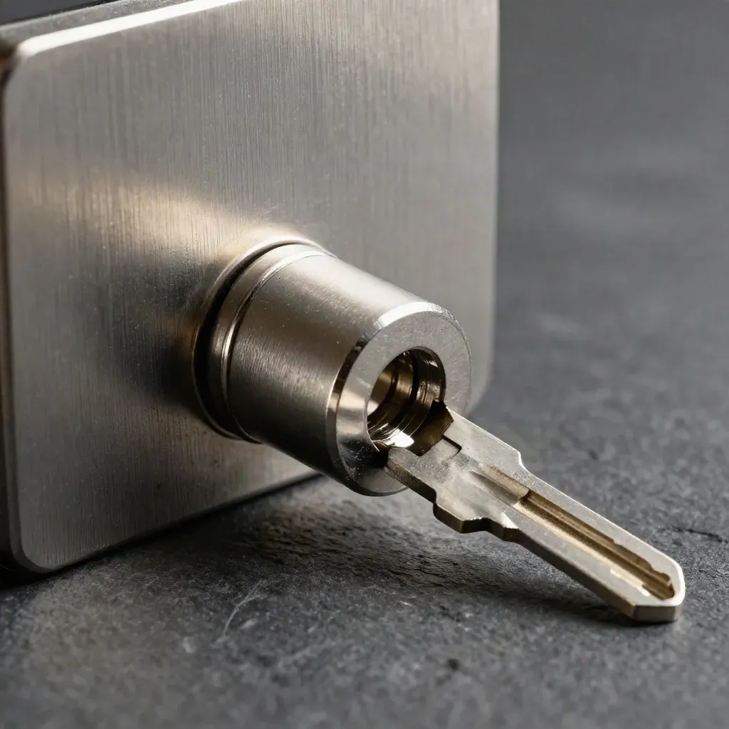 Mortice lock cylinder, key blank and brushed door plate on graphite stone in raking light.