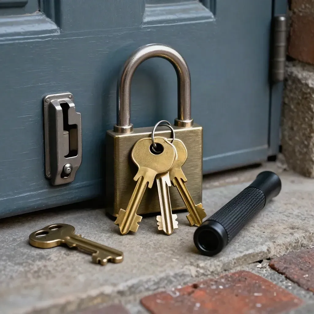 Brass keys, mortice lock body, latch and torch on a stone threshold in dramatic light.