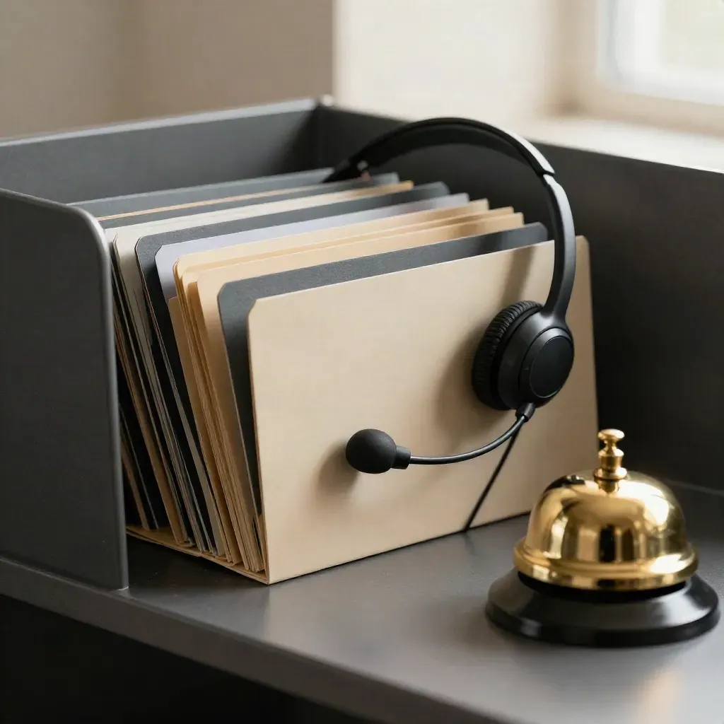 Recruiter folders, headset cradle and brass bell on a graphite counter, seen through a blurred divider.