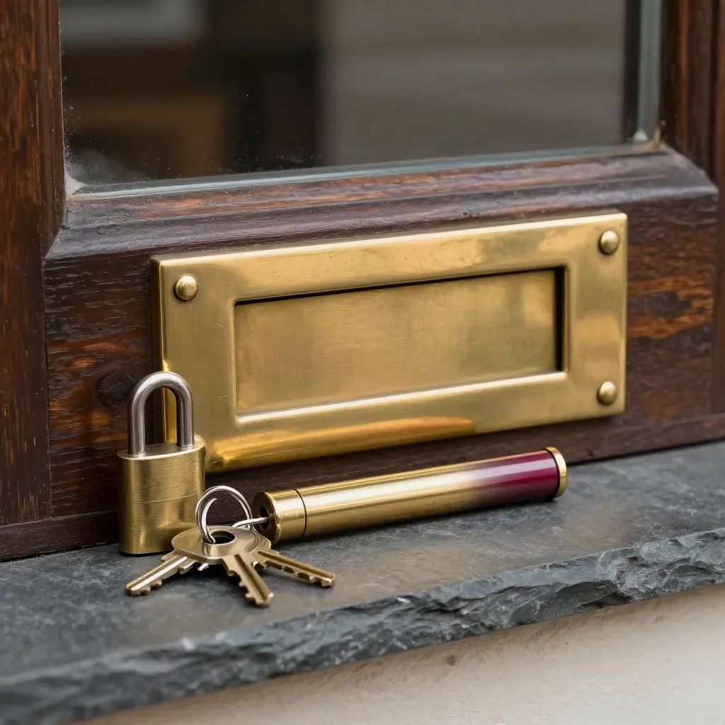 Brass door hardware, keys and a lock cylinder on slate with moody bokeh light.