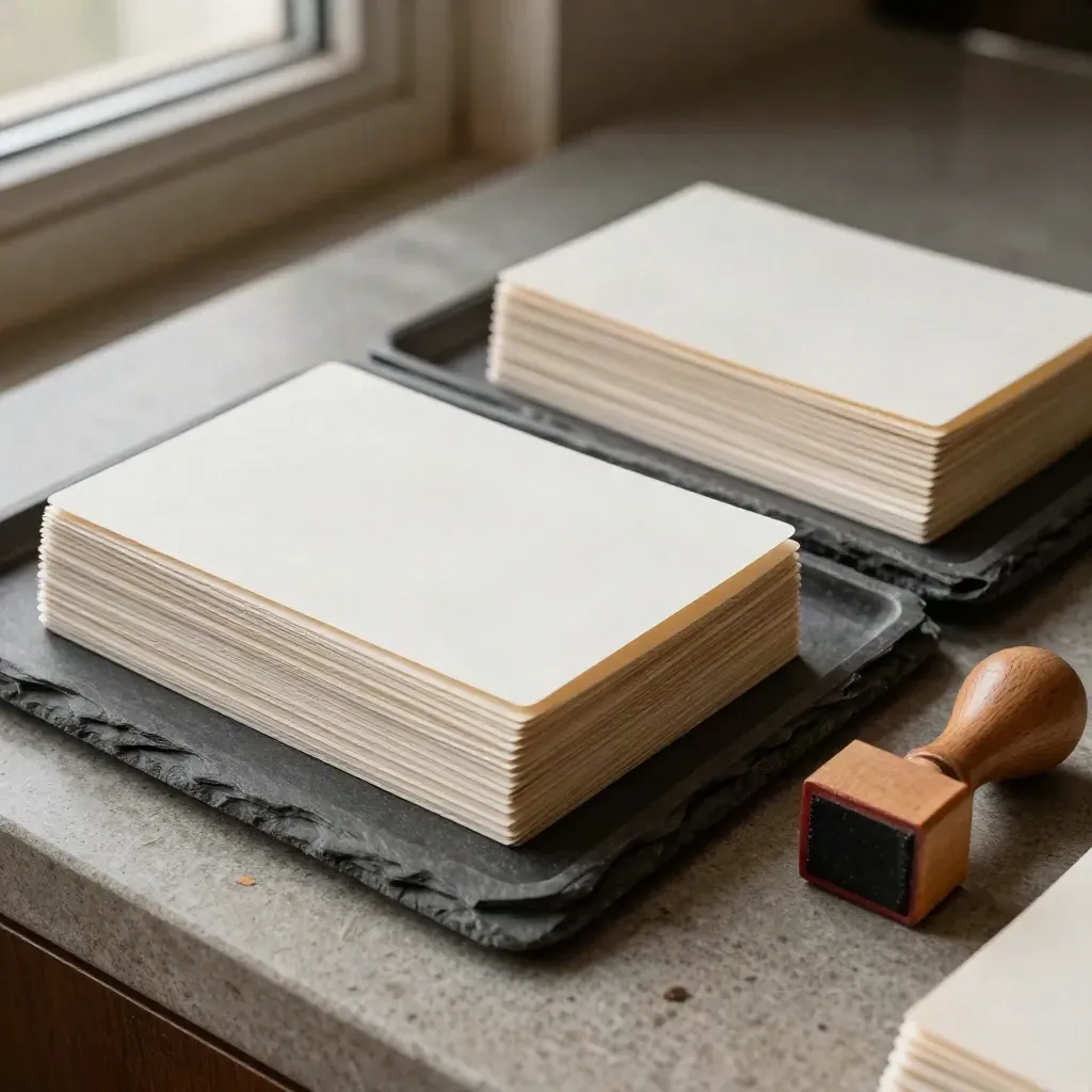 Slate file trays, index cards and a stamp block in warm archive light with dark bokeh.