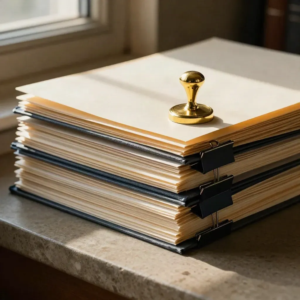 Archive folders with brass stamp and slate binder clips on a warm stone ledge.
