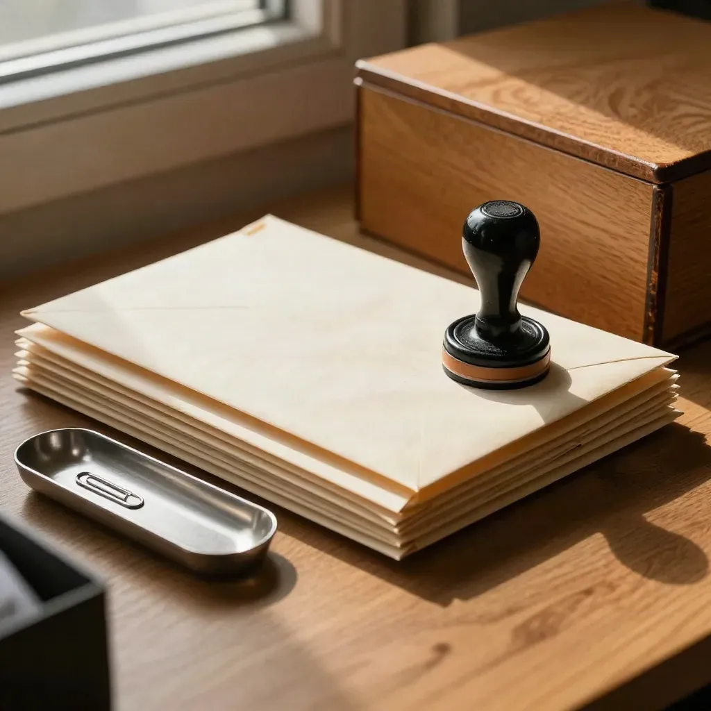 Mailroom still life with envelopes, rubber stamp, clip tray and index box on warm oak.