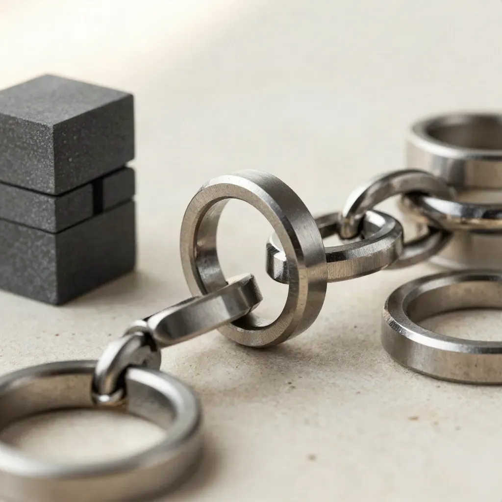 Macro still life of linked metal rings, plates, and modular blocks on pale stone.