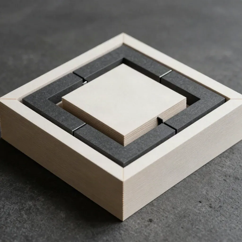 Paper blocks and magnetic spacers nested in a square tray on a dark stone surface.