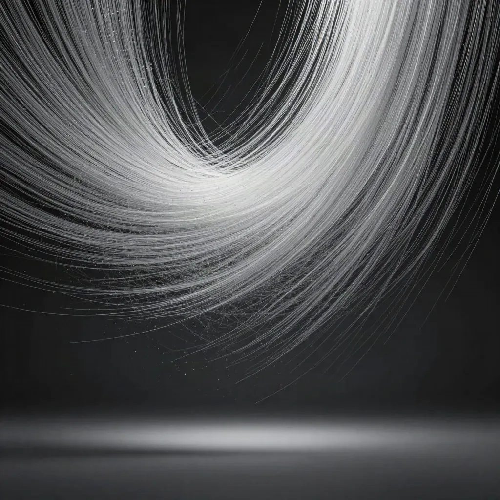 Silver filaments converge into a white bloom in a dark graphite void, with drifting motes.