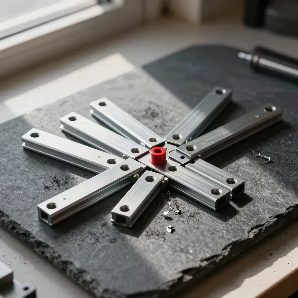Overhead cluster of aluminium connectors and a red spacer on a charcoal stone workbench.